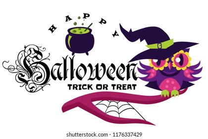 Logo owl in Halloween costume of witch. Mystery night-bird in hex suit sitting with potty potion on tree branch vector illustration. All Hallows Eve concept. Isolated on white background.