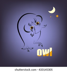 Logo owl (Striges). Vector illustration bird with rotated head. Symbol of wisdom and knowledge.