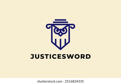 Logo Owl, Sword and Pillar law in line concept. Justice, law firm and judge. Editable file