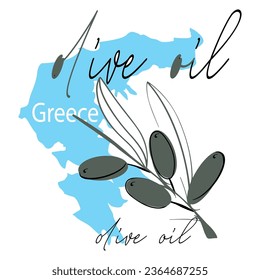 Logo for packaging oil olive. Text Oil olive and Greece map. Vector.