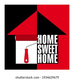 Logo for a painting company consisting of a house, a paint roller. and graphic typography. 