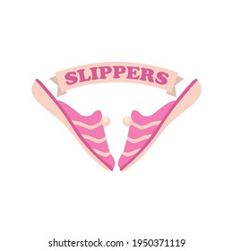 Logo eines Paares rosafarbener Hausschuhe für Frauen. Rutschen Sie die Schuhe, Vektorklammer und Zeichnung.

