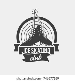 Logo with a pair of tied ice skates. Monochrome badge template. This symbol for ice skating club can be used for social network and web advertising or brand promotion.