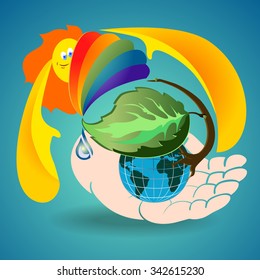 Logo with the palm of the hand, globe and germ plants. Natural phenomena - the sun, rainbow and drops of water. The symbols of a healthy lifestyle for the earth and humans, protection of nature.