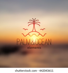 logo of palm on island and waves, vector template for travel agency