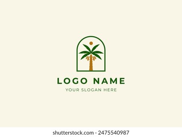 Logo Palme mit Datteln Obst und Linie Rahmen, Logo Palme Farm, Modern, Minimalist. Bearbeitbare Datei