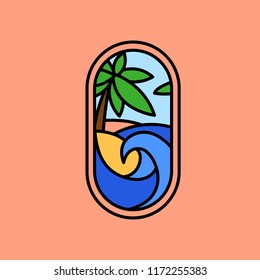 
logo with palm tree, and wave