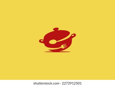 Logo Pan, Spoon and fork. Food, Restaurant, Meal, Soup, Asian Restaurant, logo Unique, Modern, Minimalist. Business identity Vector Icon.