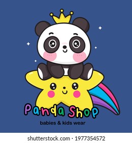 Logo Panda bear cartoon on rainbow star baby princess character kid wear store: Kawaii animal zoo vector (girly doodle). Illustration vector background. Perfect Nursery children,card baby shower girl.