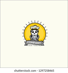 logo panda chef simple cartoon, Paper sticker of panda chef cartoon character giving thumb up illustration vector. - Vector 