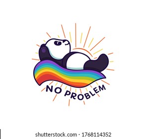 The logo is a Panda lying on a wave rainbow and sunbathes in the sun. Funny cartoon character for posters, t-shirt design, logotypes on white background. No problem -  phrase. Vector illustration