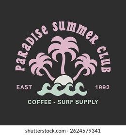 A logo for Paradise Summer Club, which is a coffee and surf supply company. The logo features a palm tree and a wave