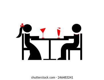 logo. A party, couple at a table and two glasses of wine