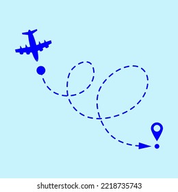 Logo of path from point to point with aeroplane. Location for travel, dotted road map with destinations and location pins. Vector illustration 
