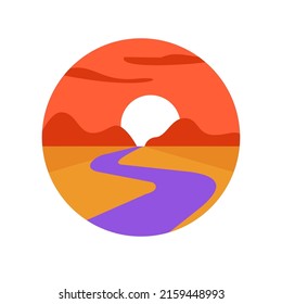 Logo of path river trail in wild nature landscape icon vector or pathway road valley modern print design flat cartoon illustration, desert horizon and sunrise, sunset dawn view in round circle shape