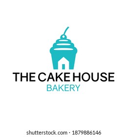 Logo for a patisserie or similar business, with the silhouetted shape in bluish tone of a cake, on which the white silhouette of a house is cut out; with a text that says: The cake house bakery.