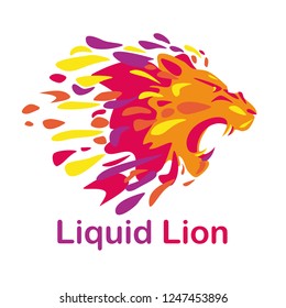 Logo pattern of liquid colorful lion head made of drops and spots. Lion roars, opened toothy maw.