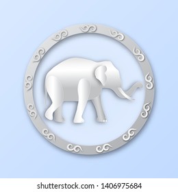 Logo pattern with round frame and white elephant pattern for wild animal concept,vector or illustration with paper art style 