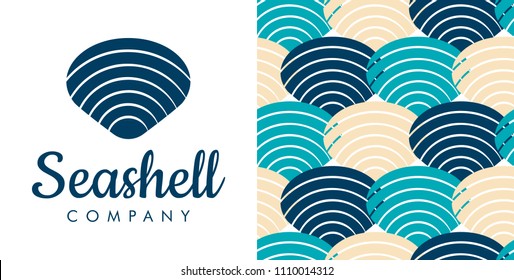 Logo and pattern for you company. Set of objects for your logo / card / flyer.  Vector illustration with seashell. 