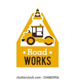 Logo paver, road repair. Asphalt processing works. Construction machinery. Traffic cone. Vector illustration. Flat style 