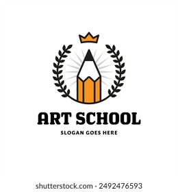 Logo with a pencil in a wreath as a symbol of creativity and education. Art school, creative writing class, drawing course emblem or label design.