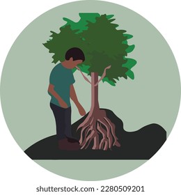 A logo of people taking care of trees on save earth day