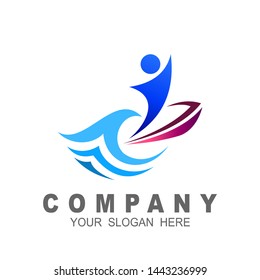 the logo of people who are exercising surfing the sea