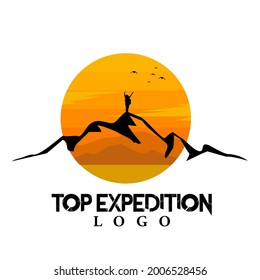 logo of a person on a mountain with a sun background