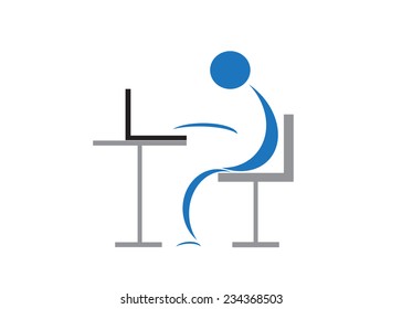 logo. The person and a table with the computer