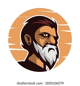 logo of a person with a thick beard staring intently