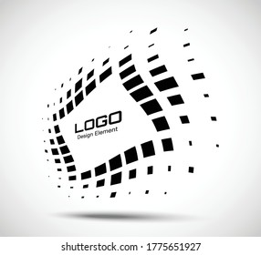 Logo perspective frame. Abstract rectangle dots emblem design element for technology. Distort border Icon using halftone rectangle dots raster texture. Vector.