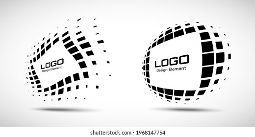 Logo perspective frame set. Abstract rectangle dots emblem design element for technology. Distort border Icon using halftone rectangle dots raster texture. Vector.