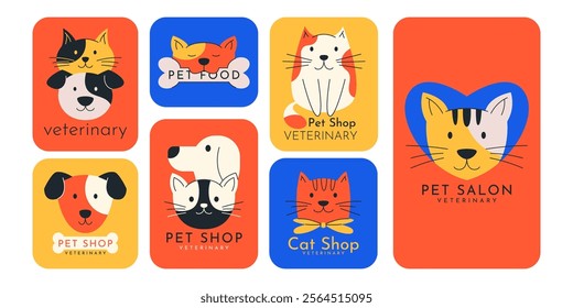 Logo pet. Cat, dog sign. Heart accompany animal. Symbol veterinary and shop, house fosterling. Clinic vet logotype, shelter adoption. Label design. Vector icon garish brand cartoon flat illustration