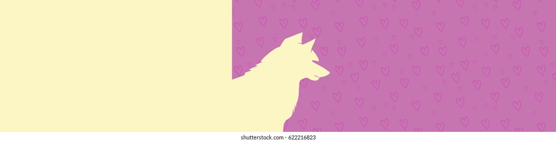 Logo of Pet Dog Silhouette - Minimalist Vector Element on Pink Background with Purple Hearts and Copyspace
