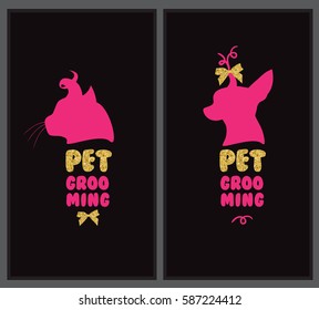 Logo for pet hair salon with animal silhouette, gold bows and gold letters