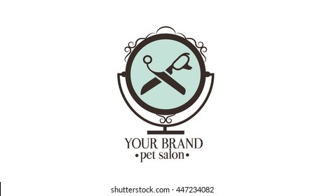 Logo for pet hair salon, styling and grooming shop, store for domestic animals. Pet shop sign. Veterinary logo.