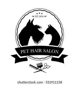 Logo for pet hair salon, styling and grooming shop, pet store for dogs and cats. Vector illustration