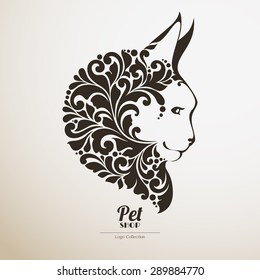 Logo pet shop. Ornate cat icon Decorative maine coon vector illustration