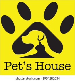 logo for pet shop. with symbols depicting cats and dogs getting along in one house.