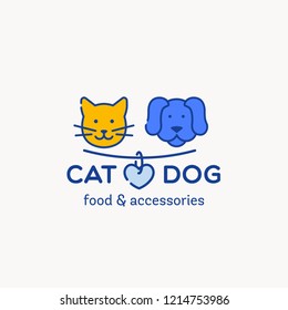 Logo for pet shop, veterinary clinic, pet store, shelter. Flat style design, vector illustration. Cute cat and dog badge with heart on collar