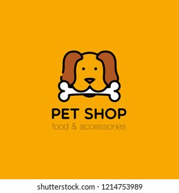 Logo for pet shop, veterinary clinic, pet store, shelter. Flat style design, vector illustration. Dog holding bone