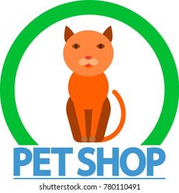 The logo of the pet store Pets with a picture of a cat. The personification of kindness and care. Vector illustration in flat style.