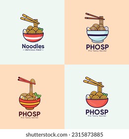 A logo For Phos Phos Phos And Pho Noodles Vector Illustrations Logo Big Collection. Foods Design And Cook Labels Vector Set. Premium Elements With Spoon And Chopstick Vector.