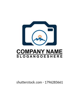 Logo photo camera and mountain, digital version nature creative symbol concept. Logo Outdoor adventure and logo Mountain tourism, hiking