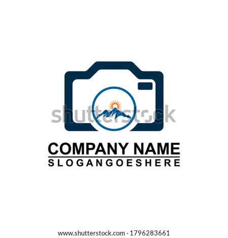Logo photo camera and mountain, digital version nature creative symbol concept. Logo Outdoor adventure and logo Mountain tourism, hiking