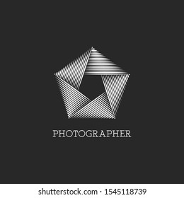 Logo of the photographer or photo studio, black and white interlacing lines aperture of the camera lens abstract pentagon symbol