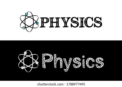 Logo for the Physics school subject. Hand-drawn icon of molecules with title. Physics emblem in chalk style on a black chalkboard. Vector illustration for poster, banner or education project.