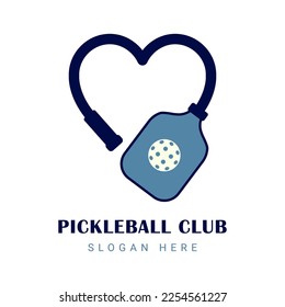 Logo-Pickleball mit einem Schläger in Herzform. Einzige Vektorgrafik auf weißem Hintergrund.