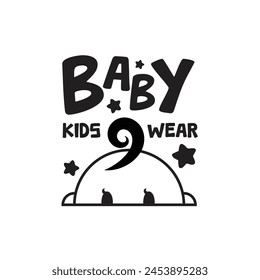 un logo con una imagen de la cabeza y el pelo de un bebé levantándose, una cabeza calva, con las palabras "baby kids wear" adecuadas para una marca que vende ropa de bebé