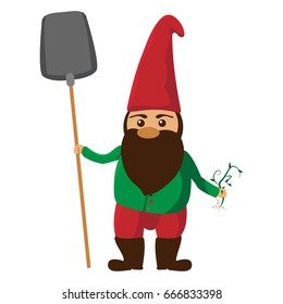 Logo with a picture of a garden gnome with a shovel and growth in hands. A dwarf with a beard in a red cap. Vector illustration.